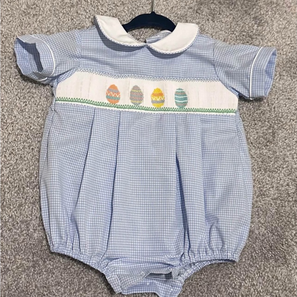 Blue Gingham Baby Romper with Easter Egg Embroidery